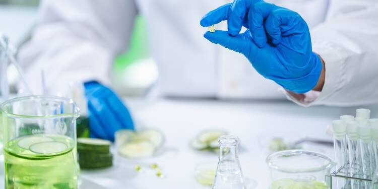 A gloved hand holding a clear supplement pill over an experiment table with cucumber slices in beakers and Petri dishes.