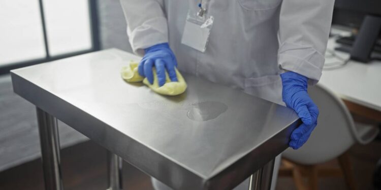 A lab professional wears blue latex gloves and a white lab coat to wipe down the stainless steel table surface.