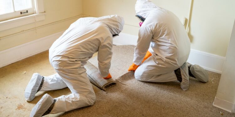 Two people in white protective suits and orange gloves remove old carpet in a worn room with light walls and a window.
