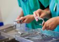 Healthcare professionals in scrubs inspect surgical instruments over a metal sterilization basket in a clinical setting.