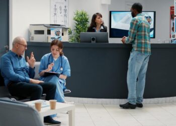 A healthcare waiting room with one doctor talking with a seated patient and another person talking at the reception desk.