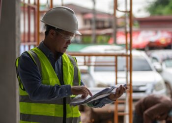 A worker in a white hard hat and yellow jacket holding large blueprints while standing near metal scaffolding.